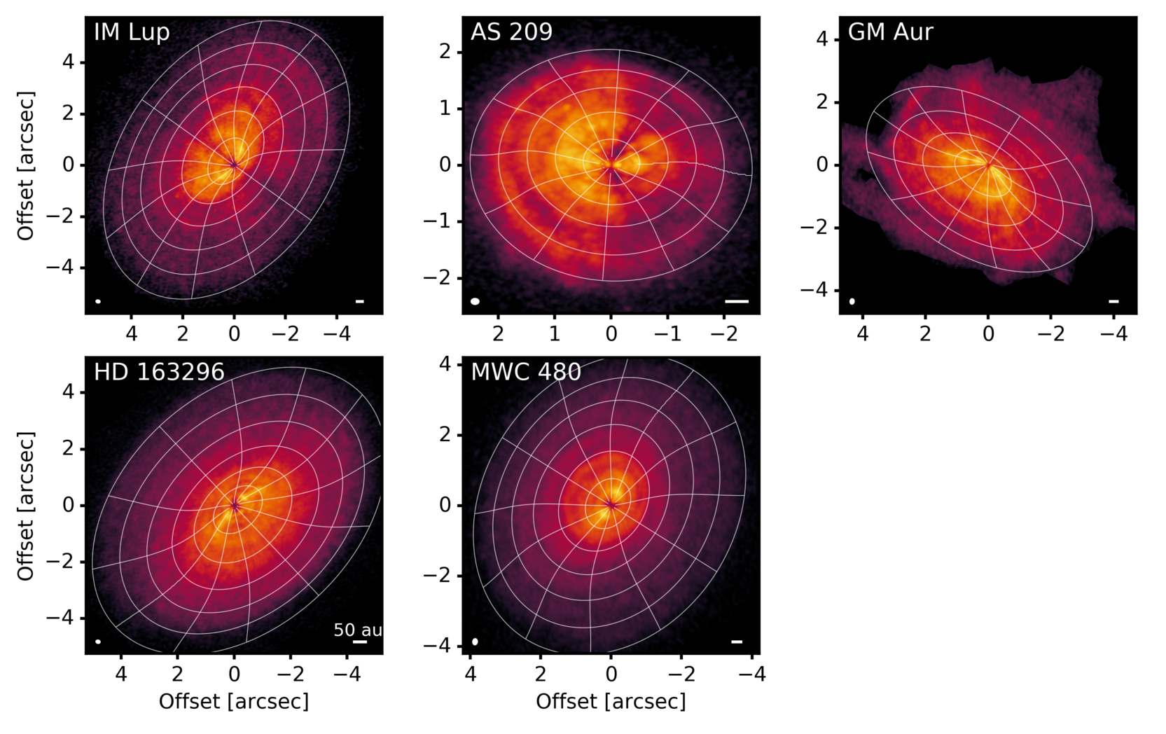 Contours showing the fitted line emission surfaces for <sup>12<sup/>CO J=2-1 that are overlaid on the corresponding peak intensity maps for each MAPS protoplanetary disk.