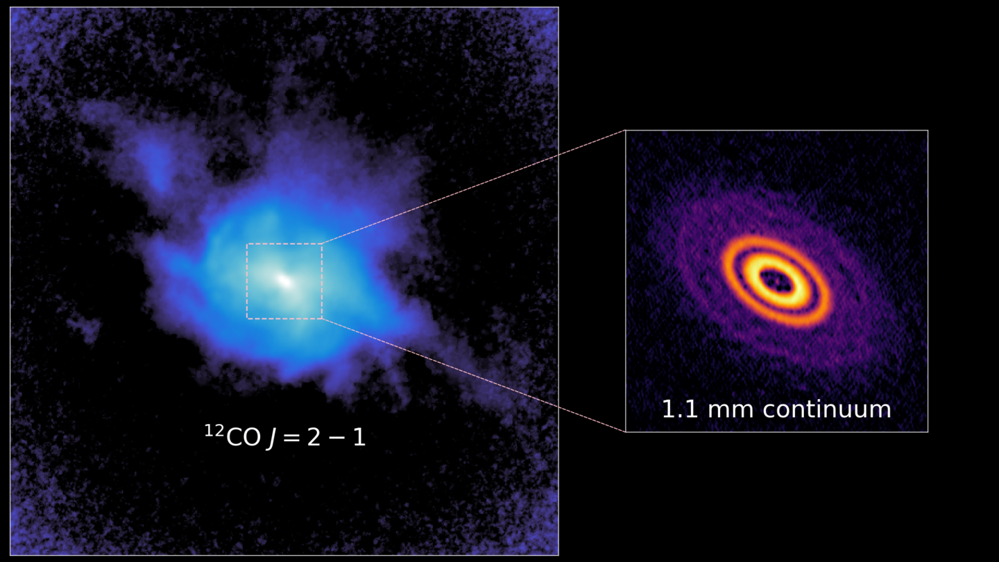 A <sup>12<sup/>CO integrated intensity map of the GM Aur disk, showing irregular spiral arms, a tail, and diffuse, extended structure. An inset panel shows the scale of the multi-ringed millimeter continuum emission tracing the distribution of large dust grains.