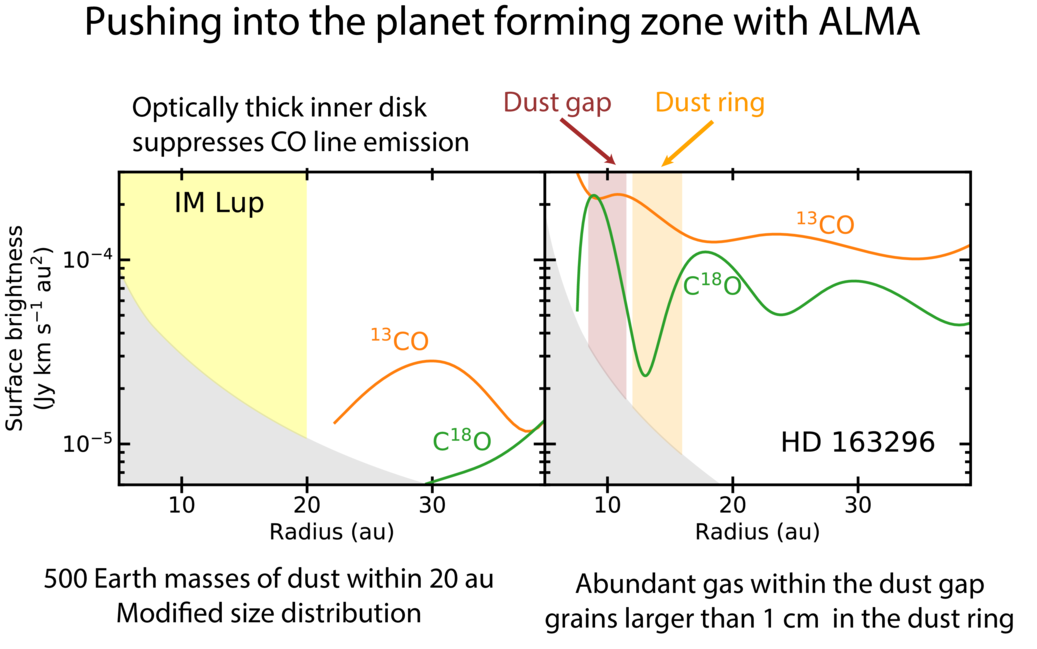Radial surface brightness profiles for <sup>13<sup/>CO and C<sup>18<sup/>O in the inner 40 au of IM Lup and HD 163296. The inner disk of IM Lup shows a strong suppression of flux in the inner 20 au due to optically thick dust suppressing the line emission. The C<sup>18<sup/>O in HD 163296 shows a strong increase in flux at the location of a know dust gap and a minimum at the location of a dust ring implying that the dust gap is gas rich and the dust ring contains large grains that are optically thick.