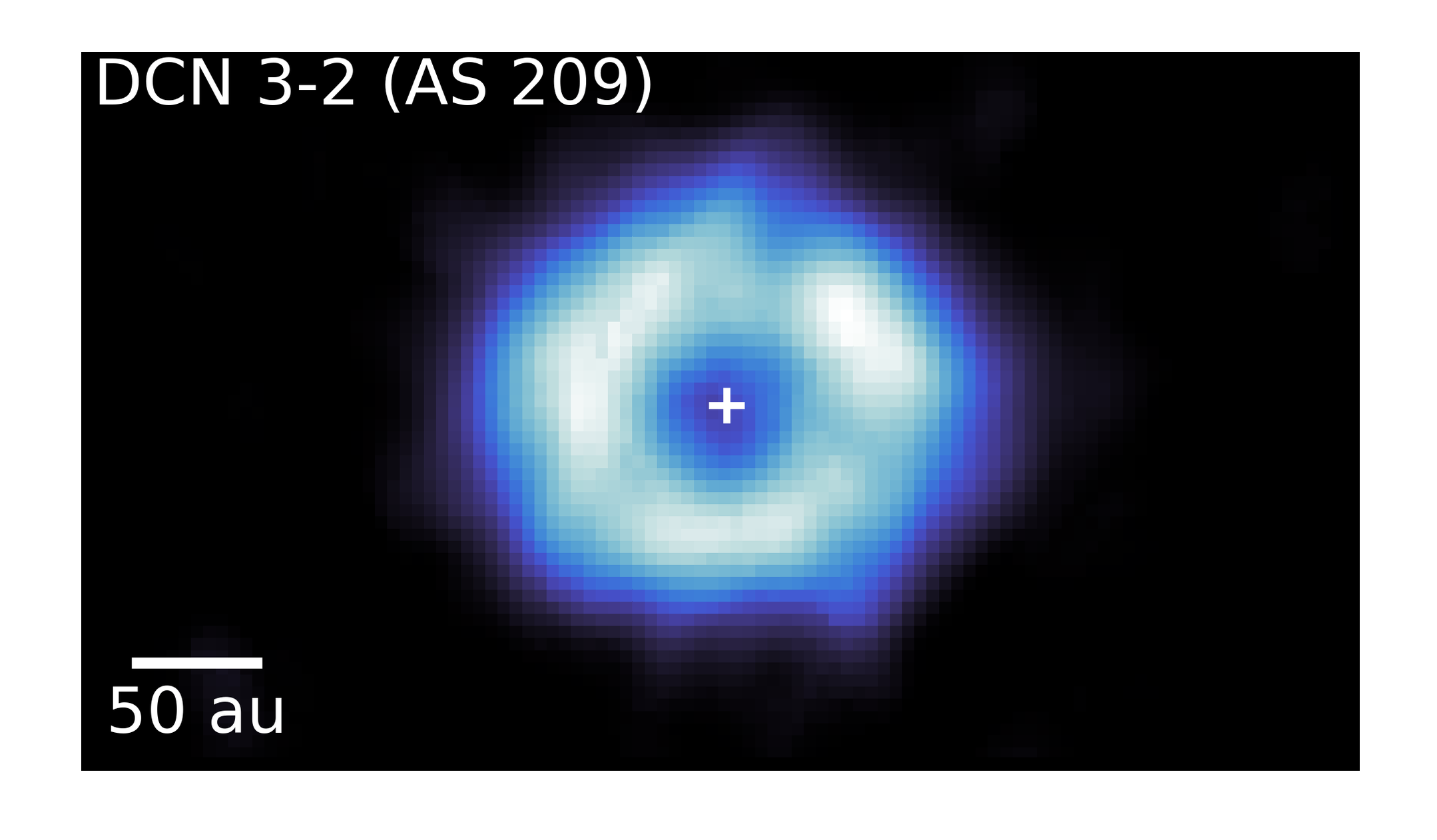 The ring of DCN gas around the young star AS 209. DCN is a form of hydrogen cyanide (HCN), with the hydrogen atom (H) replaced by a deuterium atom (D, also known as heavy hydrogen). The position of the star is marked by the white cross. 1 au is the distance between the Earth and the Sun.